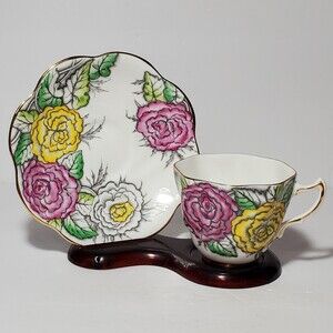 Rosina Teacup and Saucer Floral Pink Yellow White Vintage
